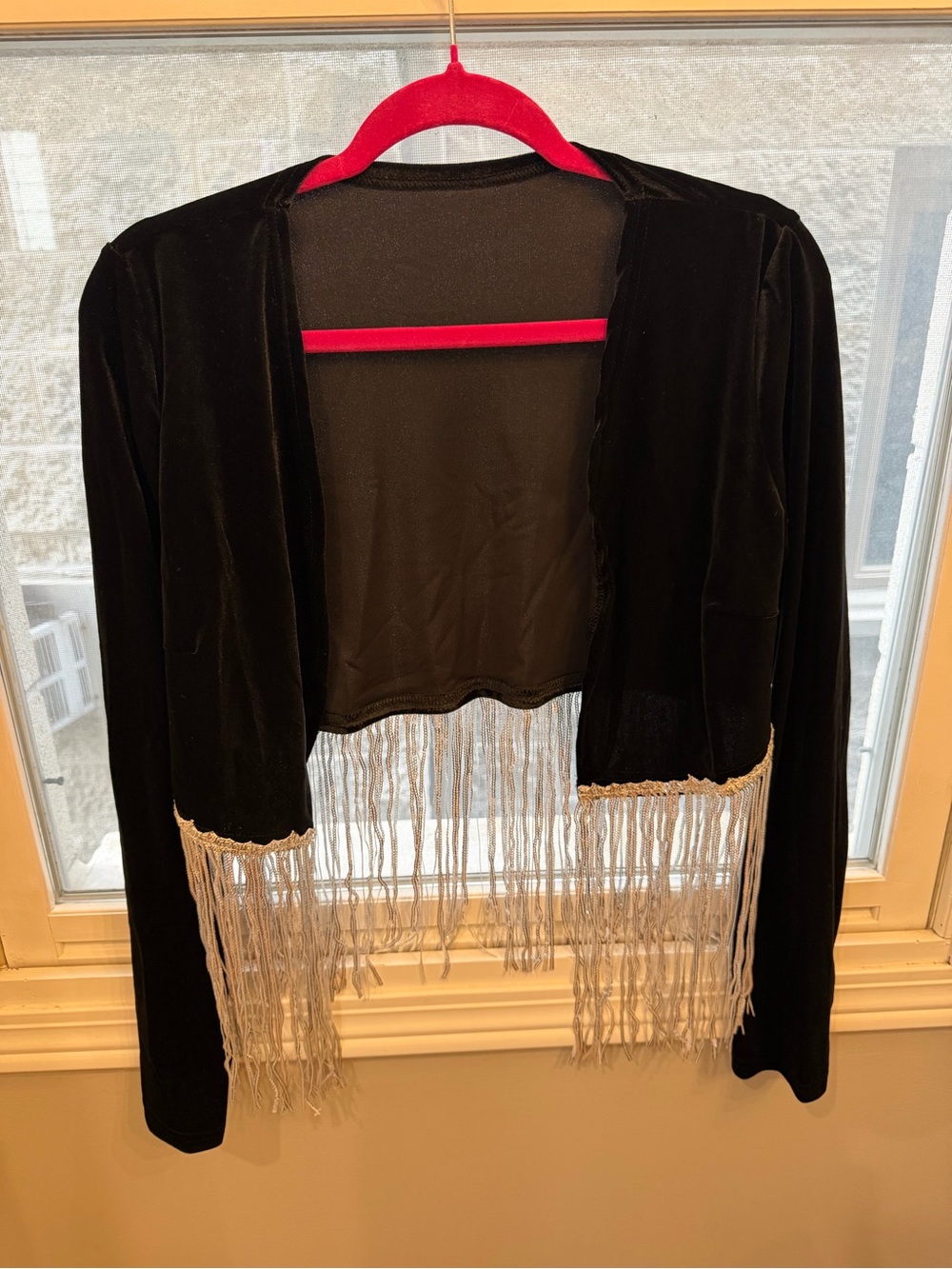 SHEIN Black Velvet Open-Front Shrug with Cream Fringe